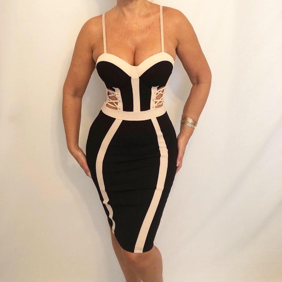 Dresses & Skirts - Black Midi bodycon nude trim